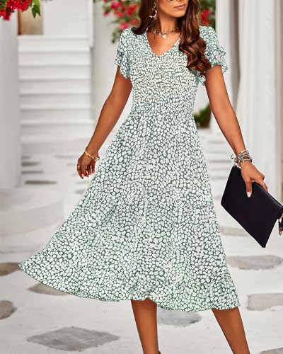 BTFBM Women Casual Summer Short Ruffles Tiered Sleeve Smocked Midi Dresses Bohemian Floral V Neck Wedding Guest Long Dresses — view 2