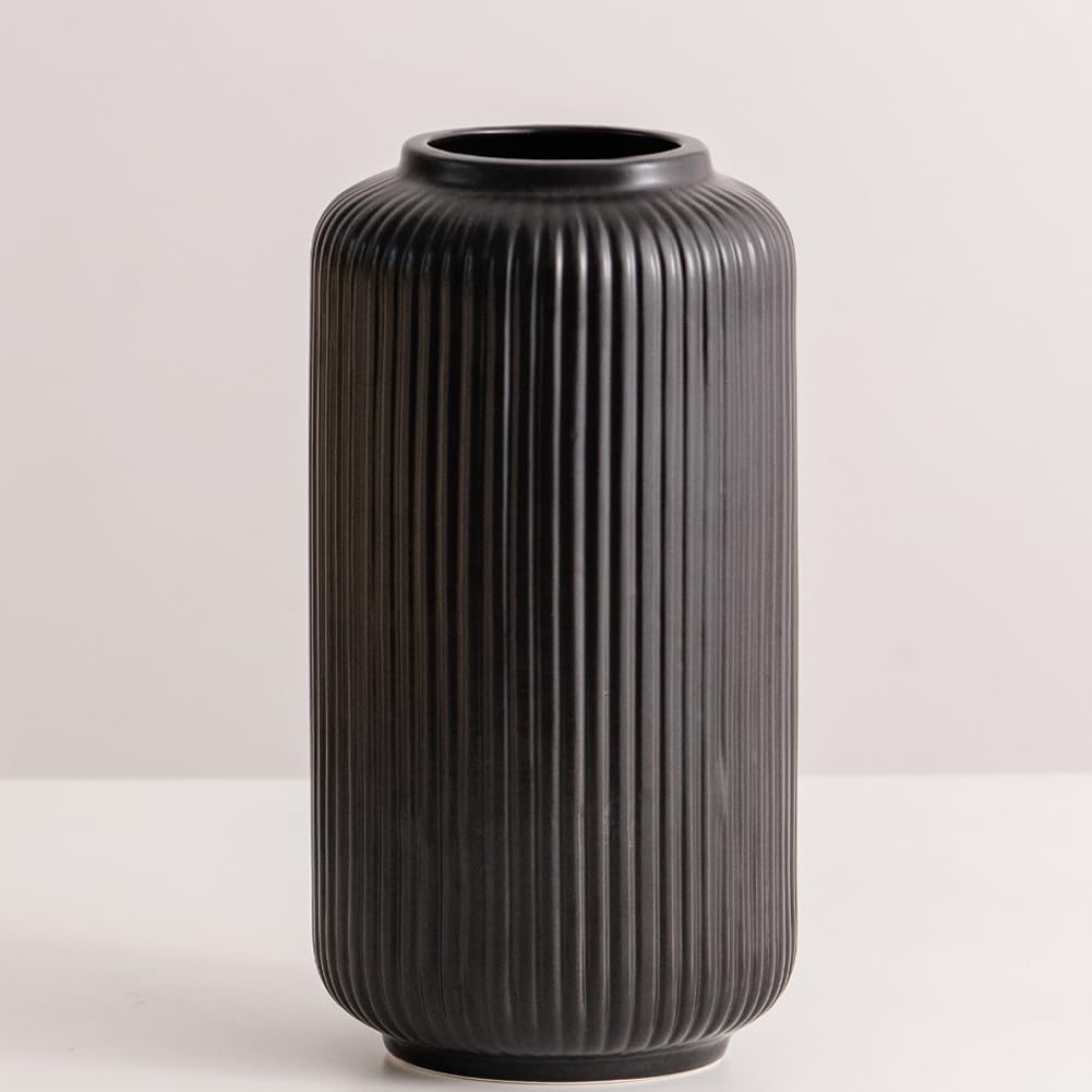 20 CM Jarrónes Acanalado Negro de Ceramica Decorativos para Flores, Florero Jarron Cilindrico Decorativo Modernos Minimalista para Pampas