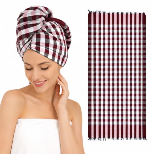 Image of Kerala Thorthu Bath Towel -Traditional Handloom Woven - Pure Cotton- End Finished -White Based-Floral Printed - Super Soft Absorbing Fabric- S Unisex- Pack of 2 Pieces 68x135 Cm (Brown+White Checked)