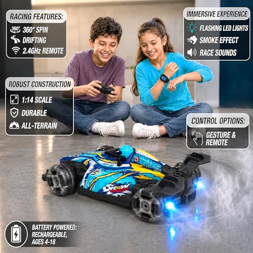 Image of VGRASSP Dual Control Big RiseX Drift Stunt Mist Car Toy for Kids with Lights, Music - Rechargeable 360 Rotating RC Smoke Car with 2.4GHz Remote Control and Gesture Wrist Controller - Multicolor
