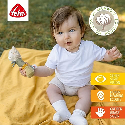 Fehn Stabgreifling Baby fehnNatur Spielzeug Bär - Motorikspielzeug mit Rassel zum Kuscheln - Kuscheltier Greifling aus Baumwolle aus biologischem Anbau - Babyspielzeug für Kleinkinder ab 0+ Monaten