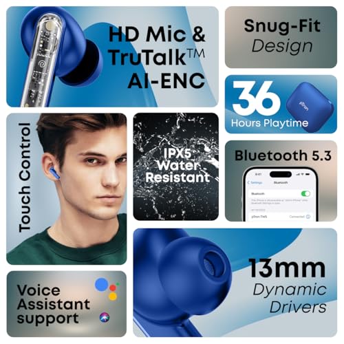 Image of pTron Bassbuds Gomax in-Ear TWS Earbuds, HD Mic & TruTalk AI-ENC Calls, 36H Playtime, 13mm Drivers, Bluetooth 5.3 Wireless Headphones, Voice Assist, Type-C Fast Charging & IPX5 Water Resistant (Blue)
