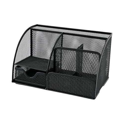 Image of The Better Home Desk Organizer | Metal Mesh Design | 6 Compartments & Small Drawer | Pen & Pencil Holder | Stationery Storage Box | Office & Study Table Organizer | Black