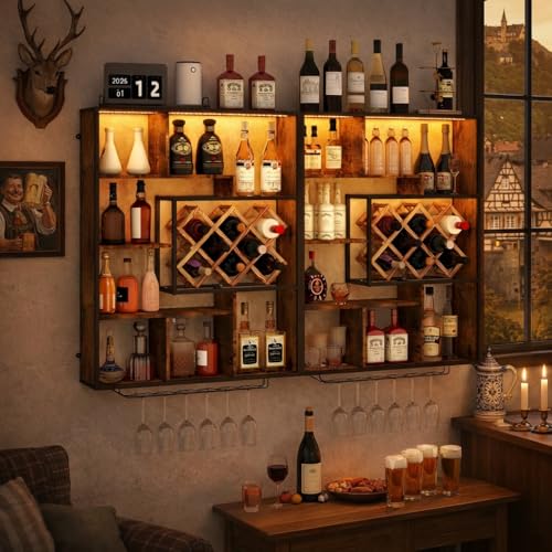 YOURLITE Weinregal Wand mit LED-Beleuchtung Metall,Bar Regal mit Glashalter,Wandmontage Wine Display-Ständer,mit Weinregal Holz,Modernes,für Bars,Wohnzimmer,Restaurant,2Pcs