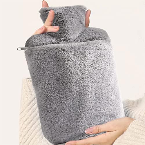 Hot Water Bottle with Cover, 2L Large Hot Water Bottles for Hands, Grey Fluffy Hot Water Bag with Zipper Cover Easy Take on/off, Furry Faux Fur Warm Water Bottle for Men Pain Relief Presents for Women