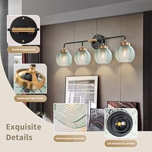 4-Lights Bathroom Light fixtures Glass Vanity Light Green Bathroom Sconce Mid Century Modern Wall Lamp,Black Gold Art Deco Vanity Light for Over Mirror Bedroom Hallway Dining Room 4 Lights Bathroom Light fixtures Glass Vanity Light Green Bathroom Sconce Mid Century Modern Wall LampBlack Gold Art Deco Vanity Light for Over Mirror Bedroom Hallway Dining Room