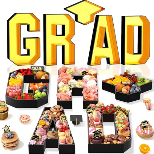 Grad Charcuterie Letters Fillable 13.78 Gold Black Grad Cardboard for Charcuterie Graduation Letter Tray with Doctoral Cap for Chocolate Flowers Cupcakes Box Class of 2026 Graduation Decoration