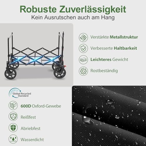 5. Bild von Sekey XXL Bollerwagen Faltbar Kinder 150L 150KG, Faltbarer Bollerwagen mit Dach Klappbarer Handwagen mit Sonnenschutz für Ausflug Strand Camping, Dach-S 4018, Schwarz