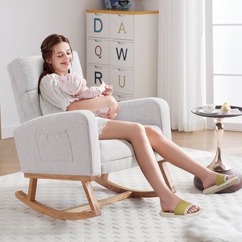 Image of HCHAIRH Rocking Chair Nursery, Nursing Rocking Chairs with Foot Rest for Mom Breastfeeding, Rocker Glider Chair with High Backrest for Living Room, Bedroom, Light Gray