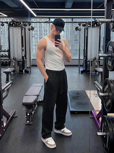 Image of Mens Baggy Sweatpants Wide Leg Casual Elastic Waist Drawstring Athletic Loose Jogger Fall Sweat Pants with Pockets