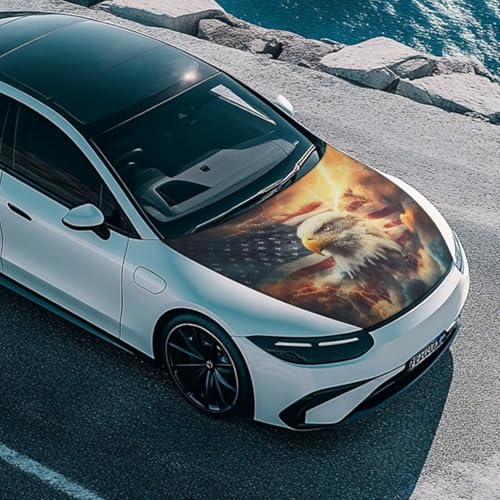 Image of US Flag Eagle Hood Cover for Compact Cars SUV Trucks Minivan, 59x39 Inch Stretchable Car Hood Wrap Blankets, Waterproof Automotive Decorative Accessories