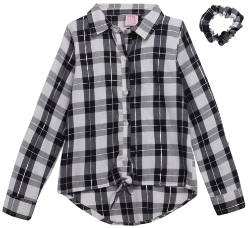 Real Love Girls' Shirt - Long-Sleeve Button Down Collared Woven Plaid Shirt with Scrunchie (Size: 4-16)