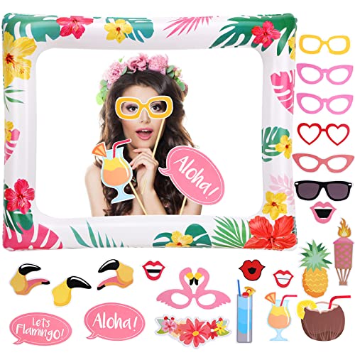 HOWAF Aloha Hawaiana Foto Prop Marco Decoración para Tropical Luau Tiki Fiesta Cabina Fotos Accesorios, 1pcs Hawaiana Hinchable Photocall Marco con 21pcs Luau Hawaiano DIY Photo Booth Props Kit