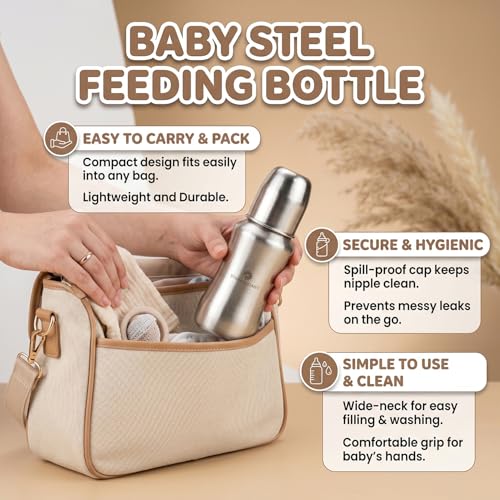 Image of StarAndDaisy Baby Milk Bottle for new Born /Infant /Toddler 140 ML SUS 304 Steel Baby Feeding Bottle for 0+ Months, BPA Free Leakproof Bottle, Anti Colic, Easy to Clean -Silver (Silver -140ML)