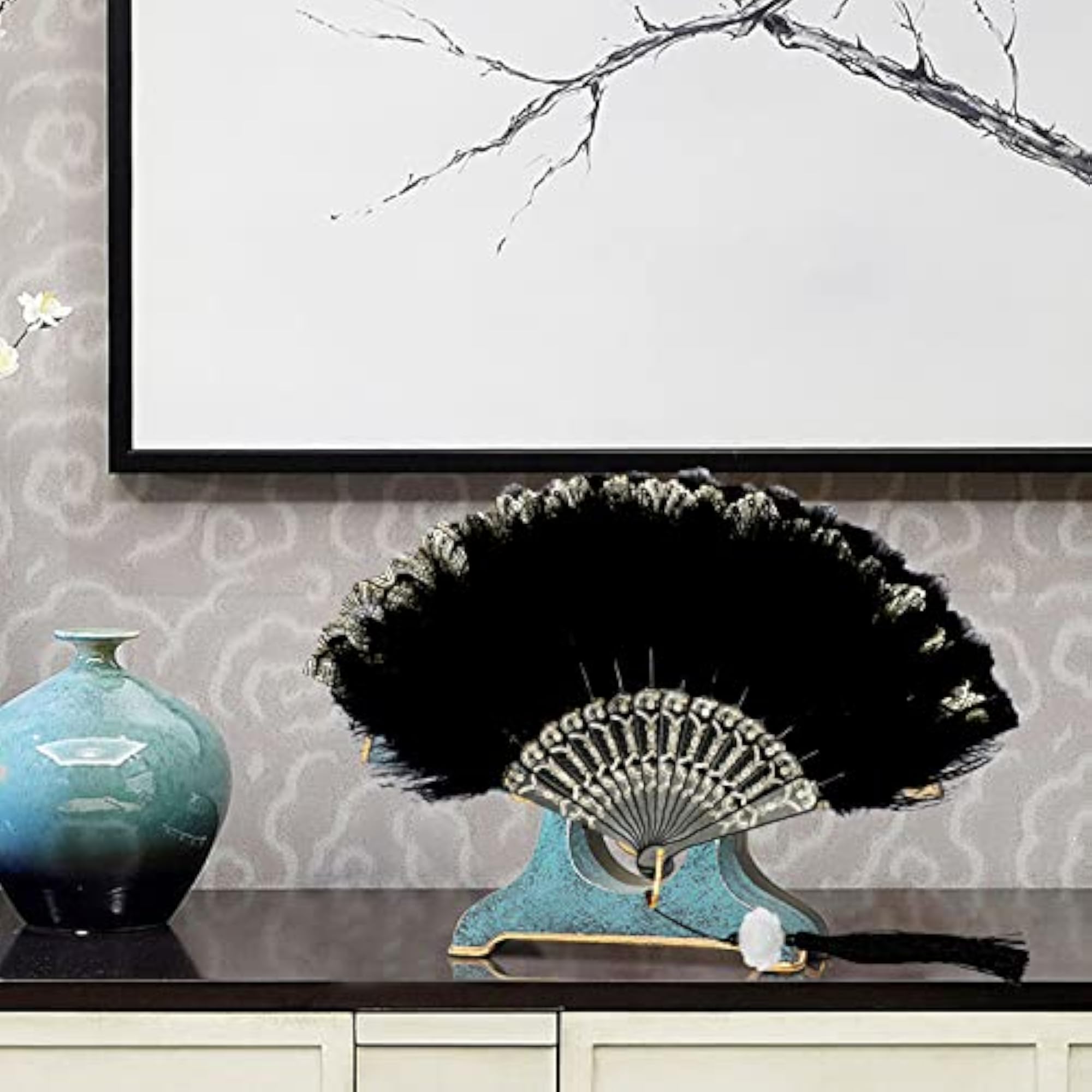 Foldable Feather Handheld Fan, Vintage Style