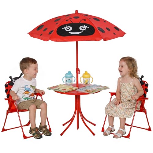 Outsunny Set de Mesa y Sillas Infantil de Jardín Conjunto de Picnic Plegable para Niños Juego de Mesa con Sombrilla Ajustable en Altura de 100-125 cm Diseño de Mariquita Rojo