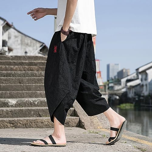 Seidarise Men's Japanese Kimono Traditional Beach Pants Linen Capri Summer Harem Shorts Wide Leg Cropped Pant4