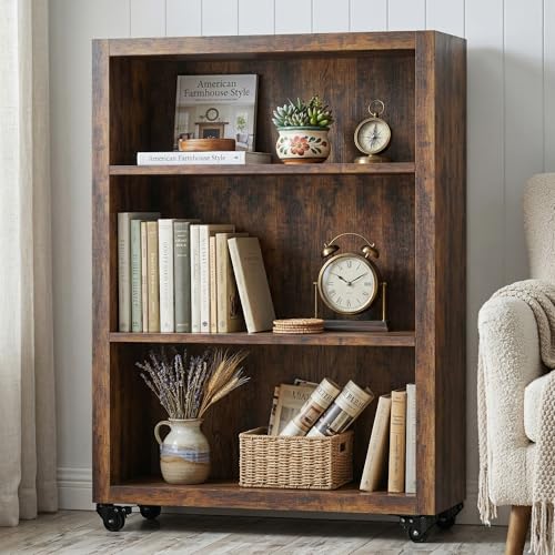 senlin Wooden Small Bookshelf with Wheels 3-Tier Rolling Bookcase Adjustable Shelves Mobile Storage Shelf Sturdy FSC-Certified Wood Unit for Home Office Living RoomAntique Brown