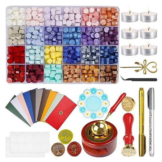 MICTER Kit de Sellos de Lacre, 600+ Piezas de Cuentas de Cera de 24 Colores con 10 Accessories, Para Invitaciones de Boda, Decorar Sobres, Cartas, Tarjetas-A