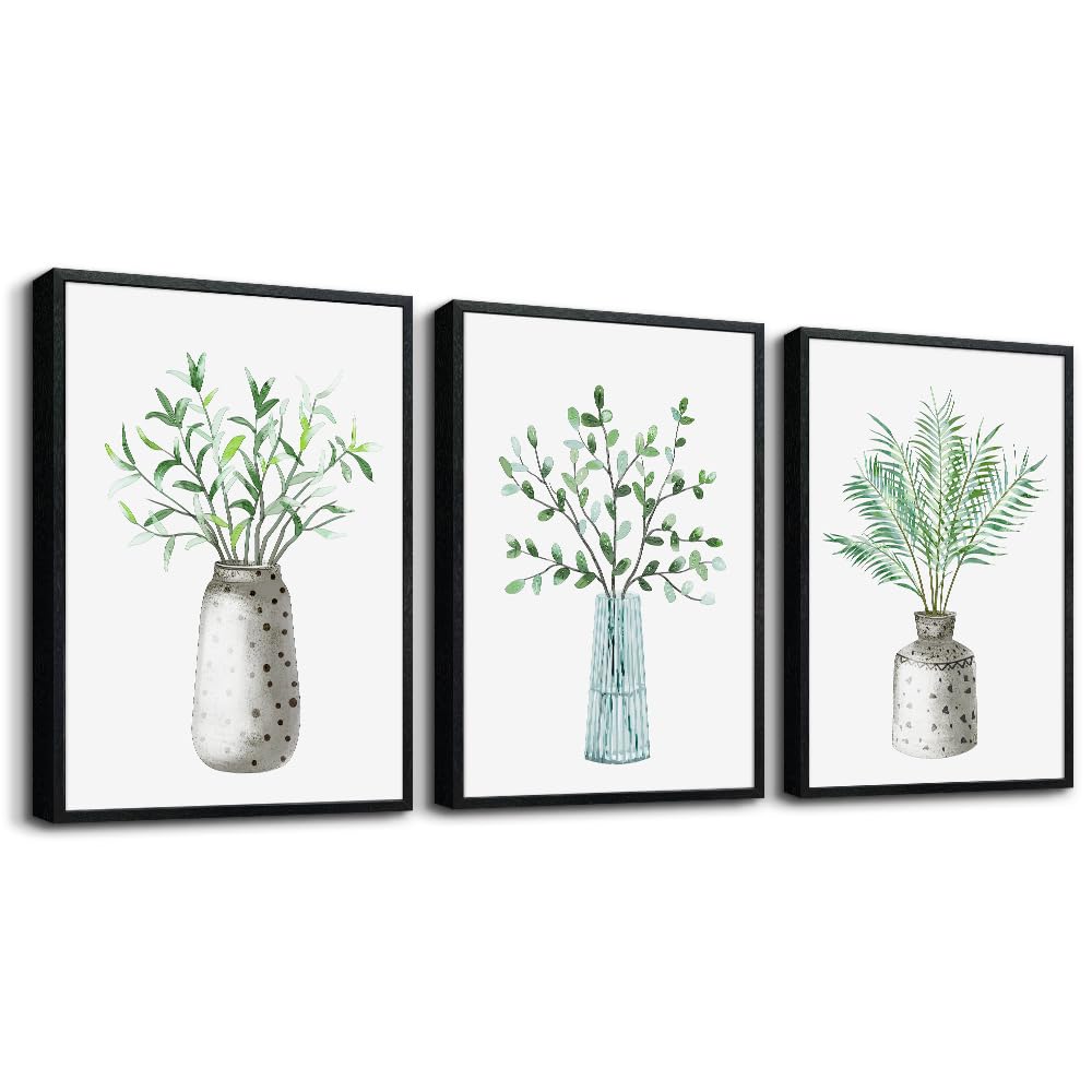 AHUASJART Wall Decoration For Living Room Family Wall Decor For Bedroom Black Framed Canvas Wall Art Paintings For Kitchen Dining Room Decor Green Leaf Vase Wall Pictures Artwork Home Walls 3 Piece