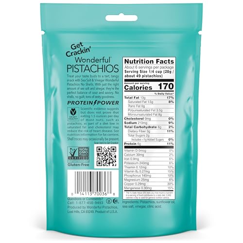 Image of Wonderful Pistachios No Shells, Sea Salt & Vinegar Nuts, 5.5 Ounce Resealable Bag, Protein Snacks, Vegan Snacks, Healthy Snacks for Adults (Pack of 10)