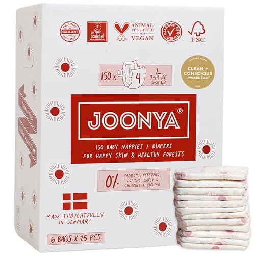 Image of Joonya Baby Diapers, Size 4 L (15-31 lb) - 6 Bags of 25 (150) - Non Toxic, Eco-Friendly, High Absorbency, Overnight Use, Ultra Slim & Soft - Made in Denmark