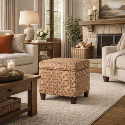 Image of HomePop Upholstered Storage Cube Ottoman with Hinged Lid, Orange Geometric 17 inch x 17 inch x 18 inch