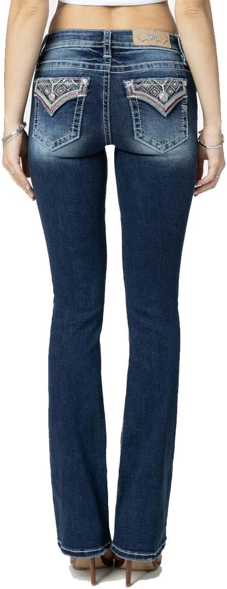 Miss Me Women's Mid-Rise Bohemian Pattern Embellished Bootcut Jeans with Faux Flap Pockets