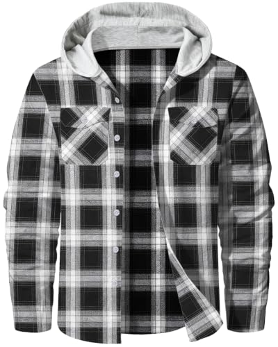 Image of Cromoncent Men Flannel Hoodie Plaid Button Down Jacket Long Sleeve Shirts