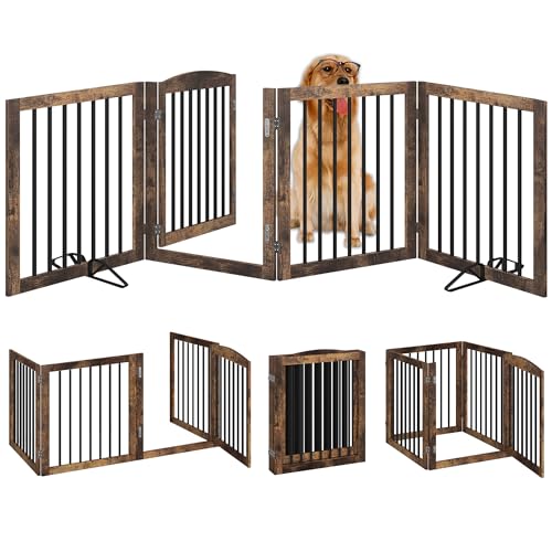 Folding-Pet-Gate-96-Wide-30-Tall-No-Assembly-Wooden-Dog-Gate-with-Door-Walk-Through-Freestanding-Pet-Gate-Puppy-Safety-Fence-with-2PCS-Support-Rustic-Brown