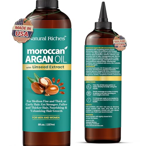 Natural Riches Moroccan Argan Oil for Hair Treatment with Linseed Extract Nourishing Hair oil – Deep Hydration for Dry, Damaged, Curly & Color-Treated Hair For Hair Strengthening and Shine. – 8 fl oz