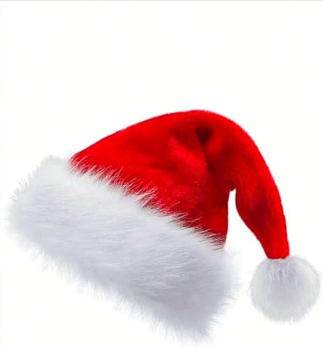 Classic Christmas Santa Hat – Soft Plush Red & White Holiday Hat with Fluffy Pom-Pom – One Size Fits Most Adults & Teens – Christmas Party Costume Accessory