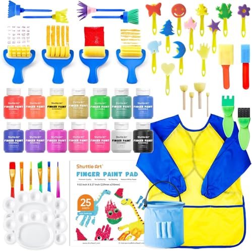 Shuttle Art 53 teiliges Fingerfarben Kinder Ungiftig, Bastelset mit 14 farben (je 60ml) Fingermalfarben für Kinder, Pinsel, Fingerfarben Malbuch,...