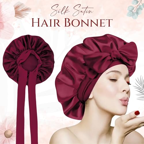 Image of Homeaura Women Silk Blend Bonnet Satin Hair Cap for Sleeping | Adjustable Tie Band Satin Bonnet Head Wrap for Curly Hair | Reusable Showercap Protection (1 pc One Size Claret), Pink