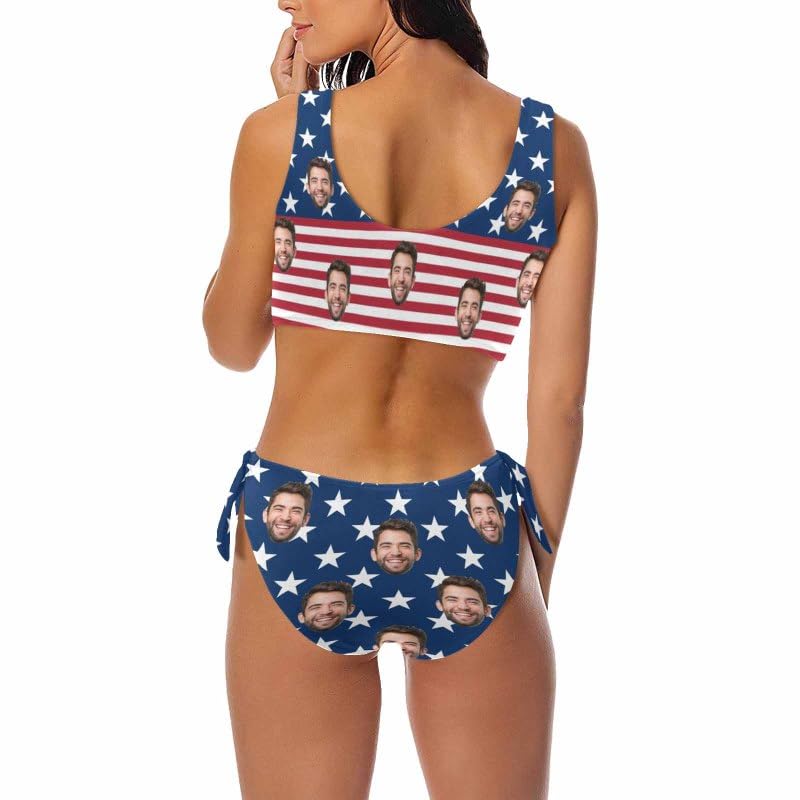 Custom Face Couple Matching Swimwear Independence Day American Flag Swimsuit Personalized Bikini Swim Trunks Gift for Him Her3