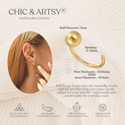 Image of CHIC & ARTSY 925 Sterling Silver Half Hoop Earrings for Women, Small Huggie Hoops Set with Ball Bar Star Moon Cross & Pearl, Lightweight Comfort Fit Everyday & Sleep Earrings