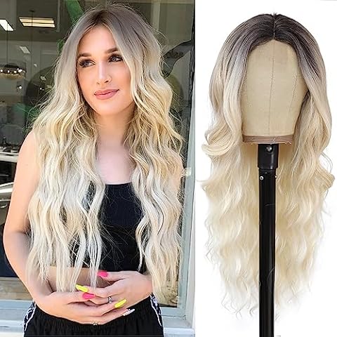 NAYOO Long Wavy Wigs for Women Middle Part Wavy Curly Wig with Dark Roots Synthetic Heat Resistant Fiber Women Wigs for Daily Party Use (Ombre Platinum Blonde) Cover