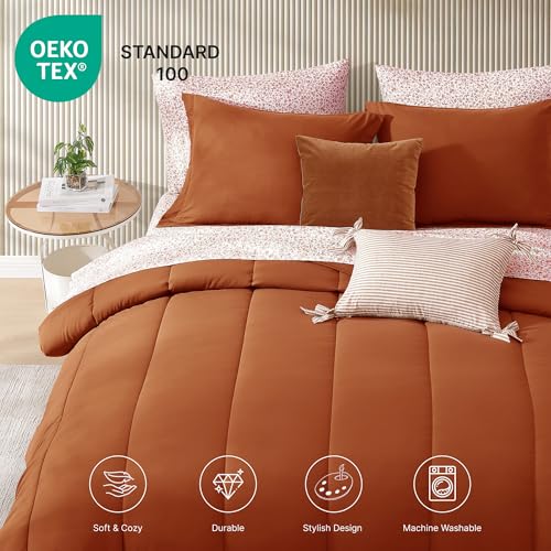 Image of Monbix King Size Comforter Set - 7 Pieces Bed in a Bag King, Burnt Orange Track Stitching Bedding Sets, All Seasons Comforter Bed Set with Sheets