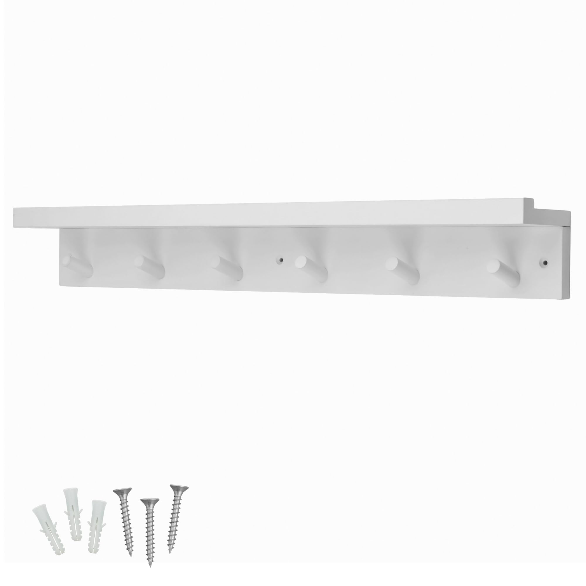 Keypak White 6 Coat Hooks With Shelf, 68Cm Wooden Floating Shelf With Lip, Wall Mounted Coat Rack Hallway Organiser - Pre-Assembled, Fixings Included (White)