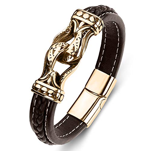 AIZU Viking Bracelet for Men - Brown Genuine Leather and Stainless Steel Bracelets with Gold Magnetic Clasp - Charm Cuff Bangle Wristband for Mens Boys or Husband 8.3 inches