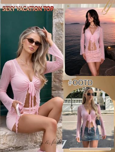 Image of Avidlove Women Mesh Crop Top Y2K Tie Front Tops Rave Top Sheer Cardigan Sexy V Neck Outfits S-2XL