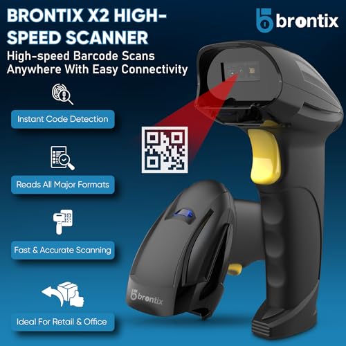 Image of Brontix X2-Cordless 2D & 1D Super Fast Barcode Scanner Wireless & Wired 2.4GHz | QR Code Scanner Rechargeable | USB Handheld Barcode Reader with Induction Scanning, Built-in Light, ABS Body |