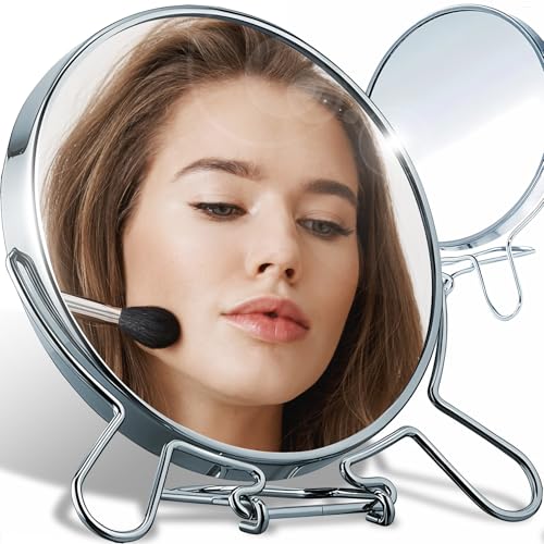 Retoo Espejo de maquillaje de doble cara con 1 y 2 aumentos, espejo de maquillaje plateado, giratorio 360°, espejo de mesa para maquillaje, afeitado, espejo de pie, espejo de maquillaje, espejo de
