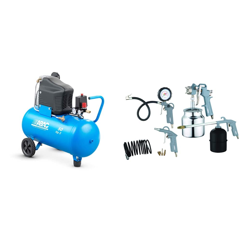 ABAC Montecarlo L20 compressore d'aria 50 litri, 2Hp pressione max 10bar, 220 litri/min, Azzurro & Kit Accessori per Compressore 8 Pezzi G-810AL, Inclusi Gonfiagomme con Manometro