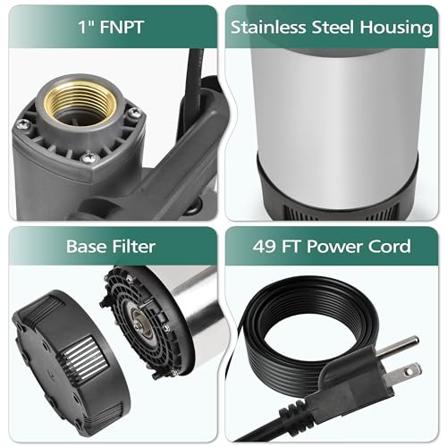 Image of FLUENTPOWER Deep Well Submersible Pump, 1.5HP 115V, 1700GPH, 147' Head, Automatic On /Off Water Pump with 49ft Cord, Stainless Steel, for Garden Home Watering and Farmland Irrigation