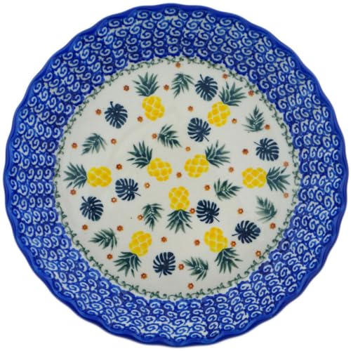 Authentic Polish Pottery Fluted Pie Dish in Pineapple Parade Design Handmade in Boles?awiec Poland by Ceramika Bona + Certificate of Authenticity