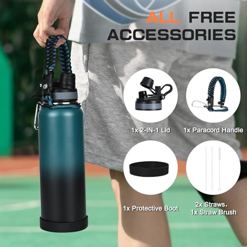 Image of GAZLEMHO 40 oz Insulated Water Bottle with Straw& Spout 2-in-1 Lid, Triple Wall Vacuum Stainless Steel Cold 48H, Leak Proof Sports Metal Flask Jug with Paracord Handle, Indigo Black