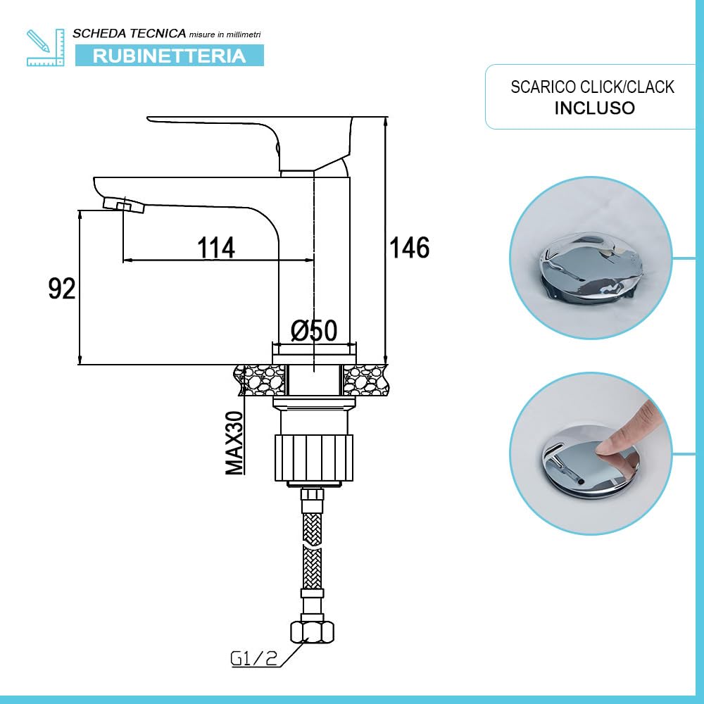 Set miscelatori lavabo e bidet con piletta click-clack, in ottone cromato lucido con scarico automatico incluso, serie FLAT