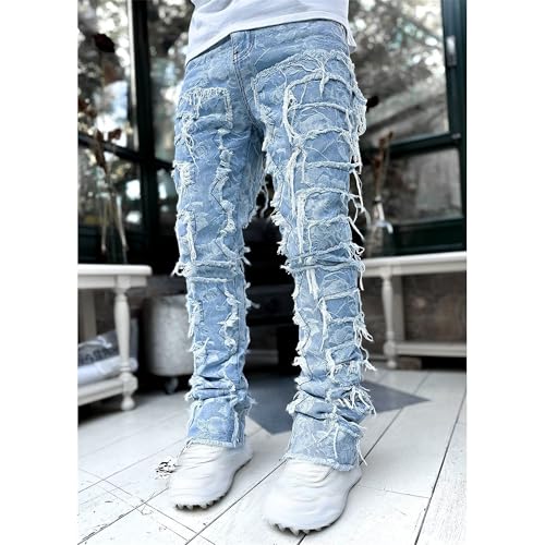 Maiyifu-GJ Jeans for Men Tassels Decoration Straight Fit Casual Patchwork Denim Trousers Stretch Street Style Denim Pants4