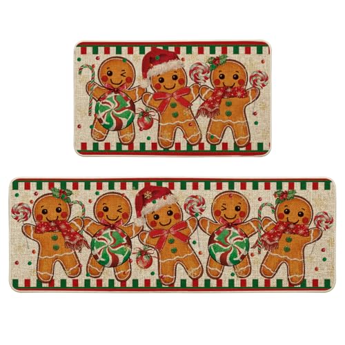 Artoid Mode Gingerbread Candy Cane Christmas Kitchen Mats Set of 2 Winter Home Decor Low-Profile Kitchen Rugs for Floor - 17x29 and 17x47 Inch